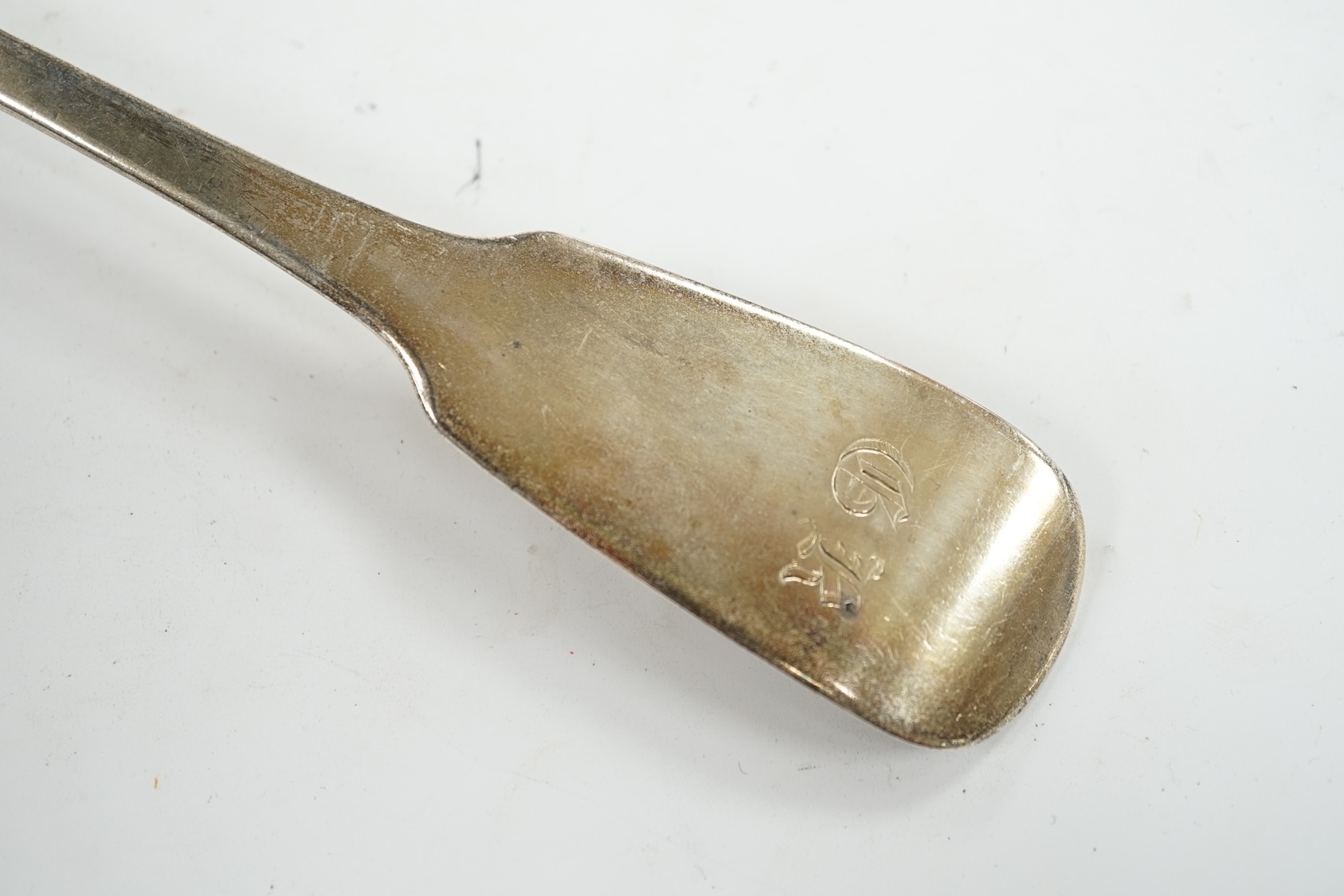 A William IV provincial silver fiddle pattern basting spoon, by Jonathan Ramsay, Exeter, 1831, with engraved initials, 30.5cm. Condition - fair